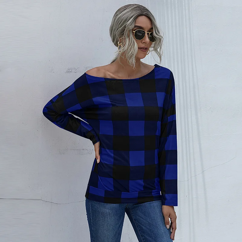 

NewCross Border Spring Popular Slant Collar Plaid Fashion Versatile Long Sleeve T-shirt 1578 Y2k Aesthetic Graphic T Shirts