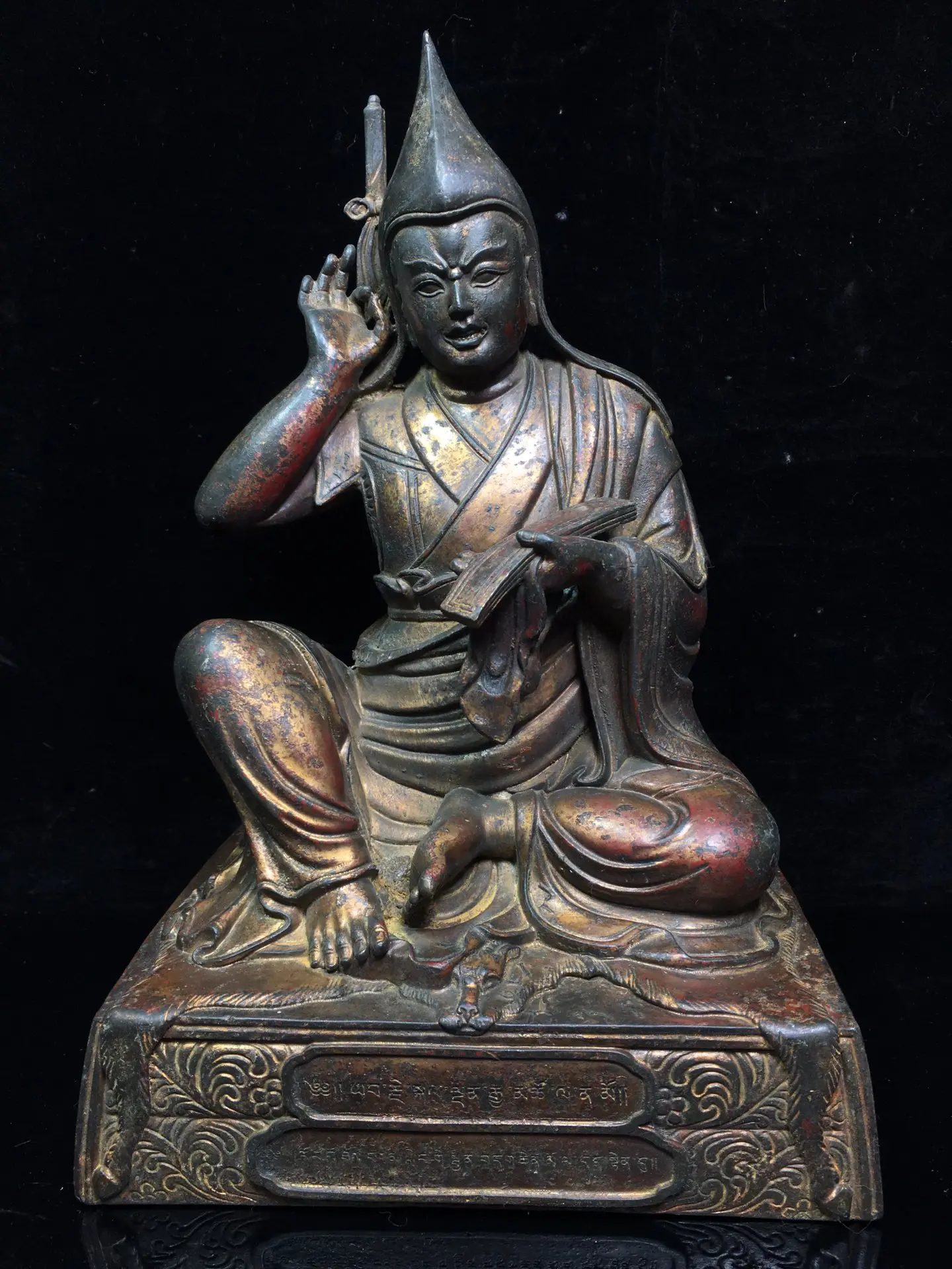 

12"Chinese Folk Collection Old Bronze Cinnabar Lacquer Tsongkhapa Tibetan Buddha trumpet Sitting Buddha Ornaments Town House