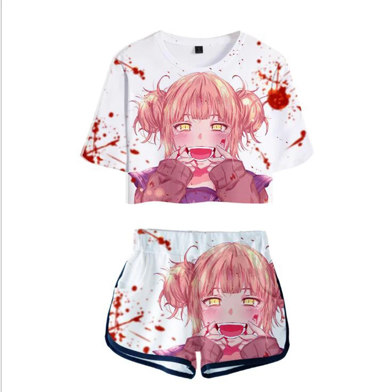 

Anime My Hero Academia Women Two Piece Set Crop Tops+Shorts Izuku Midoriya Himiko Toga T-shirt Cosplay Costumes