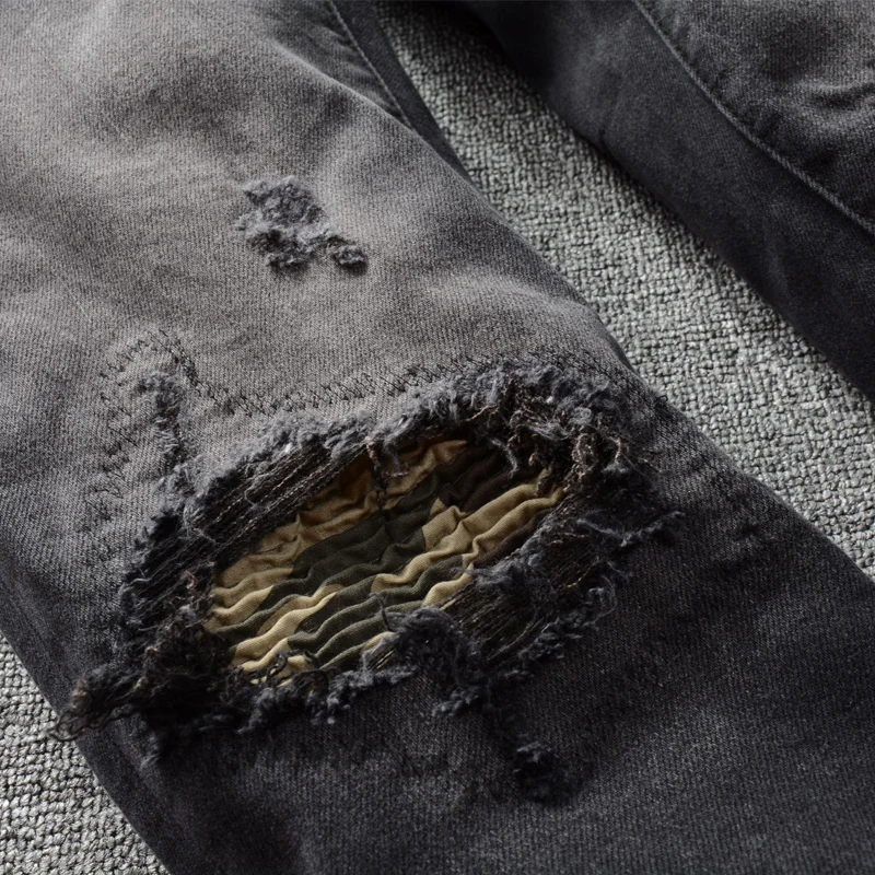 Джинсы мужские рваные в стиле ретро Эластичные зауженные брюки из денима панк