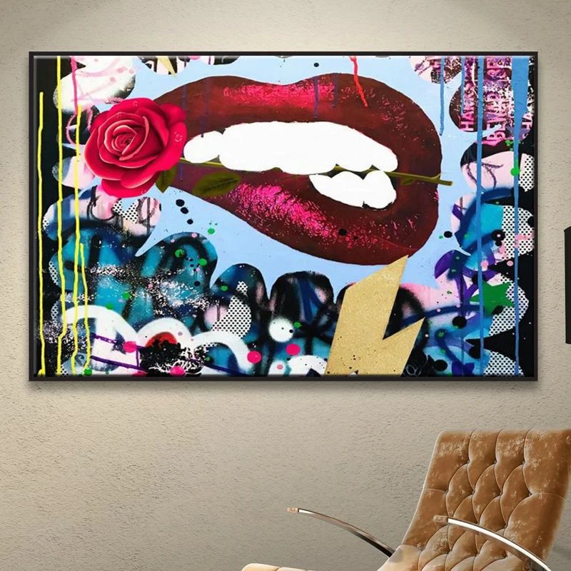 

Living Room Decoration Picture Abstract Sexy Lips and Roses Street Art Print Canvas Painting Graffiti Wall Art Poster