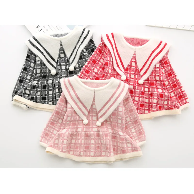 

Kids Christmas Dresses for Girls Knitting Lattice Sweater Dress Baby Girls Long Sleeve Plaid Lapel Children New Year Clothes