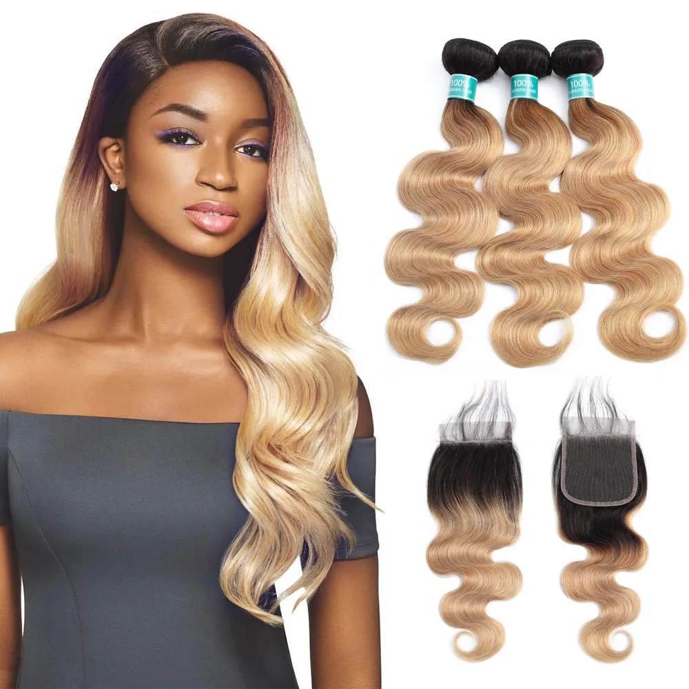 Волнистые пряди с закрытием предварительно окрашенные бразильские волосы Омбре