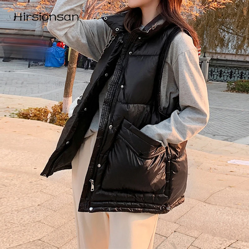 

Hirsionsan Winter Thicken Vests Women Solid Sleeveless Casual Waistcoat Female Pocket Zip Up New Fashion Streetwear Puffer Coats