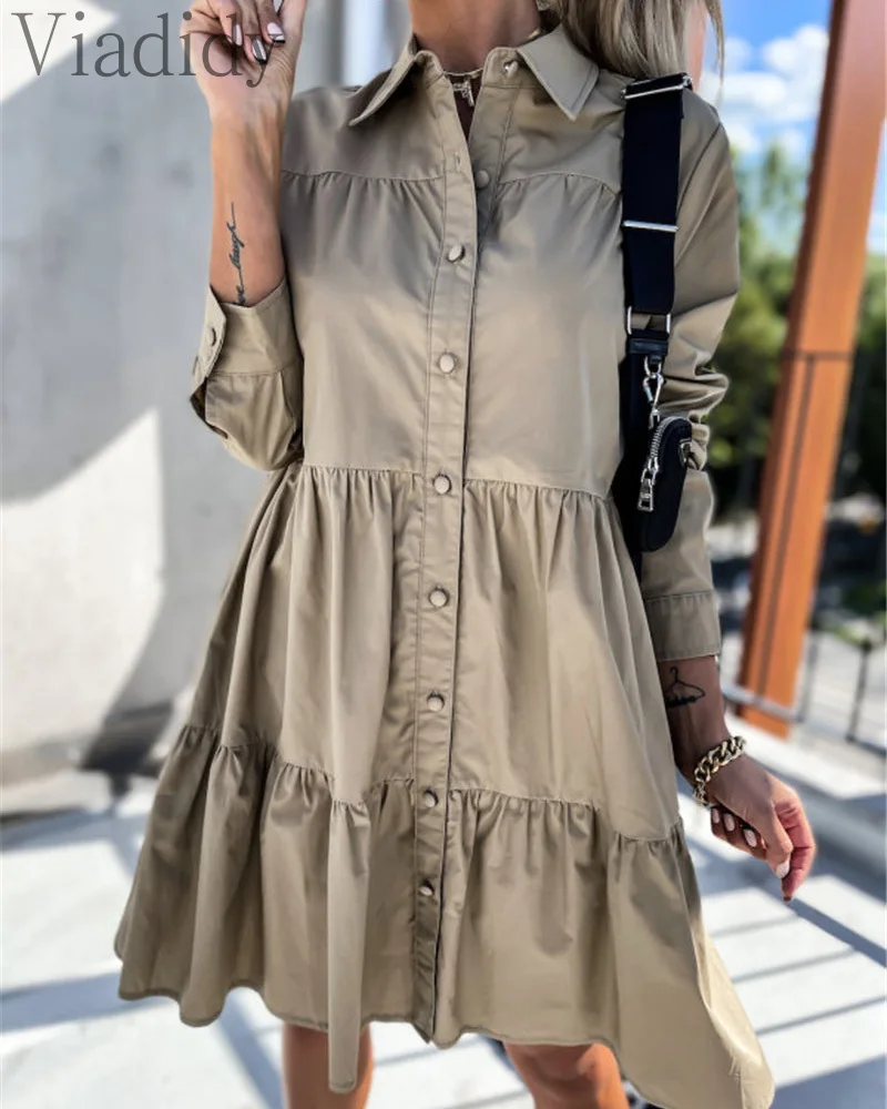 

Женское повседневное однотонное платье-трапеция с длинным рукавом, отложным воротником, пуговицами и рюшами