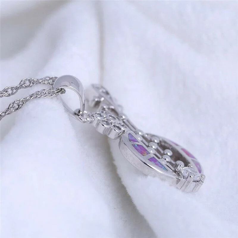 

Elegant Women Fashion Purple Simulated Opal Pendant Necklace Silver Jewelry