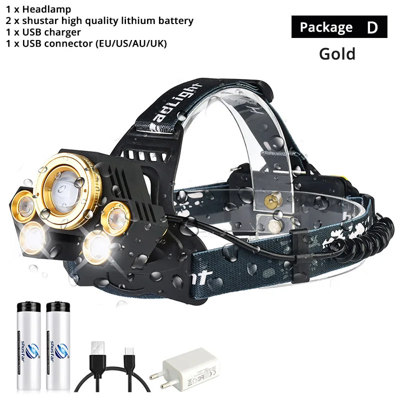 Package D-Gold Мощный светодиодный налобный фонарь вращающийся зум водонепроницаемый головной светильник с использованием антибликовых линз белый/желтый/синий светильник 18650 для рыбалки - Испускаемый цвет: Package D-Gold