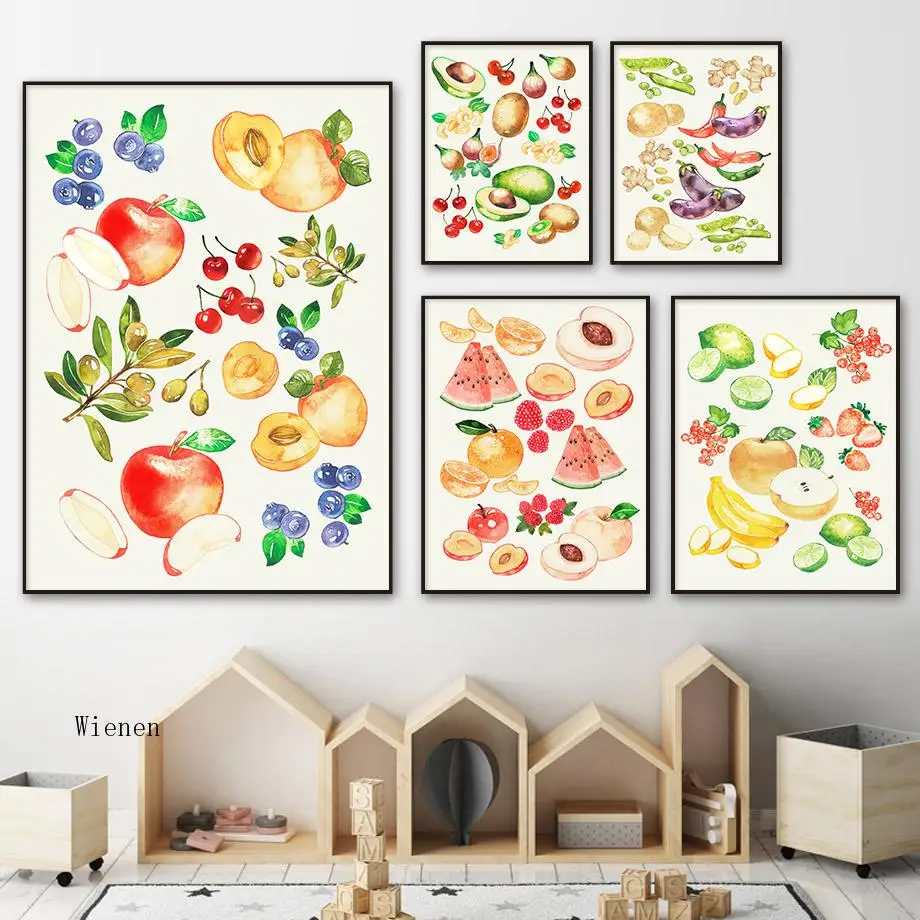 

Fruit Vegetable Wall Art Canvas Painting Apple Peach Grape Banana Nordic Posters and Prints Wall Pictures Baby Kids Room Decor
