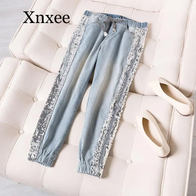 Женские джинсы в стиле оверсайз 80 кг с эластичным поясом и блестками | Женская