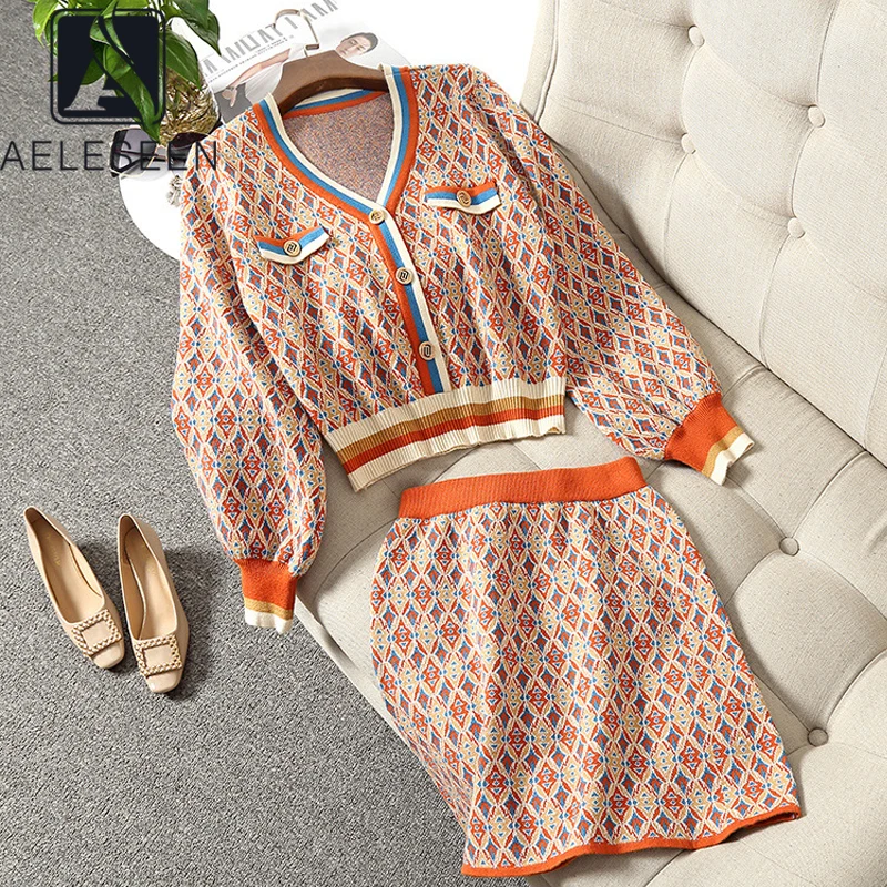 

AELESEEN Autumn Winter Knitted Set 2022 Runway Fashion Lantern Sleeve V-Neck Sweater+Mini Skirt Flower Print 2 Pieces Set