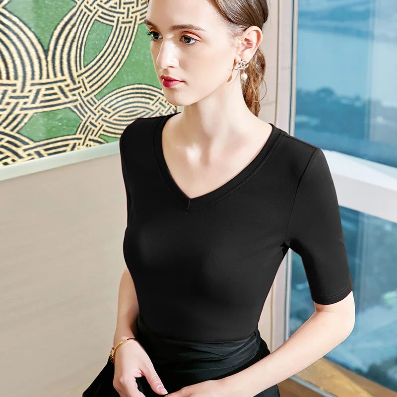 

V-neck medium sleeve T-shirt women's spring and summer solid foundation sexy exposed collarbone tight temperament 5-sleeve top