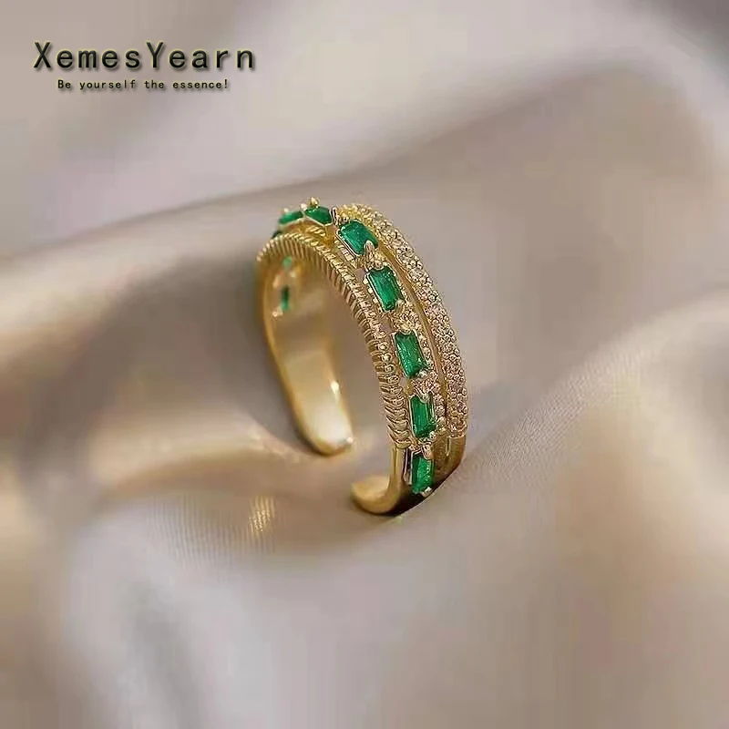 

2021 New Palace Style Green Crystal Gold Open Rings Student Girls' Luxury Jewelry Korean Fashion Finger Accessories For Woman