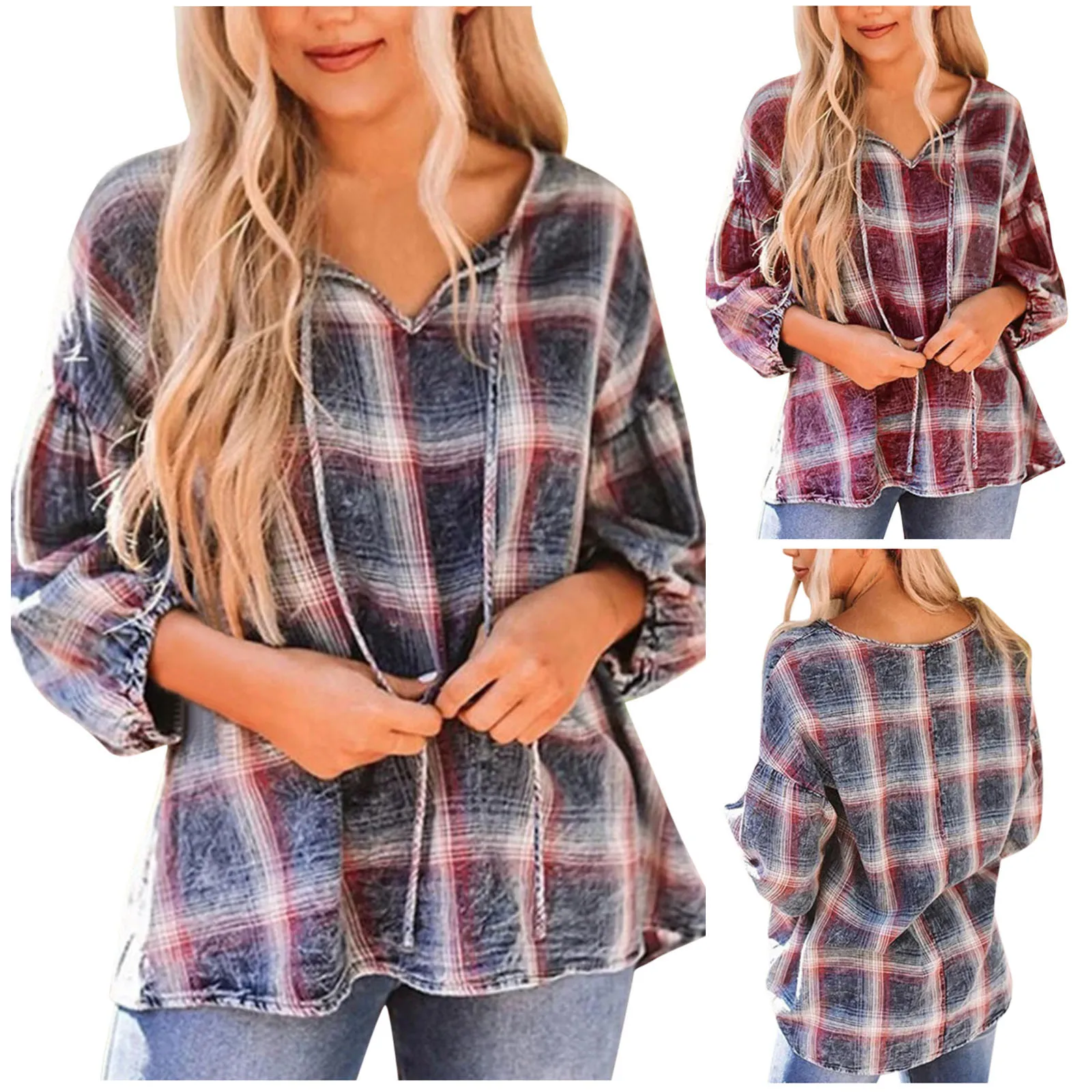 

Plaid Print Long Sleeve T-shirt Women V Neck Loose Drawstring Tops Tee Casual Loose Basic Women's Clothing
