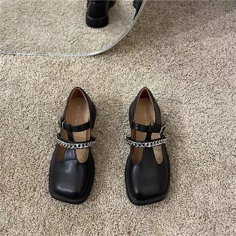 

Retro Woman Shoes Clogs Platform Modis Female Footwear Oxfords Low Heels Creepers Summer 2021 Dress Leather New Chain PU Rubber