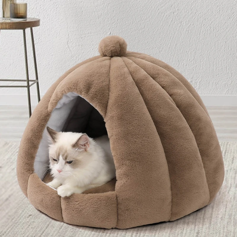 

Warm-keeping Semi-enclosed Cat Bed Yurt Style for Indoor Cats Houses Small Dog Bed 2-in-1 Cat Tent Kitten Bed Cat Hut