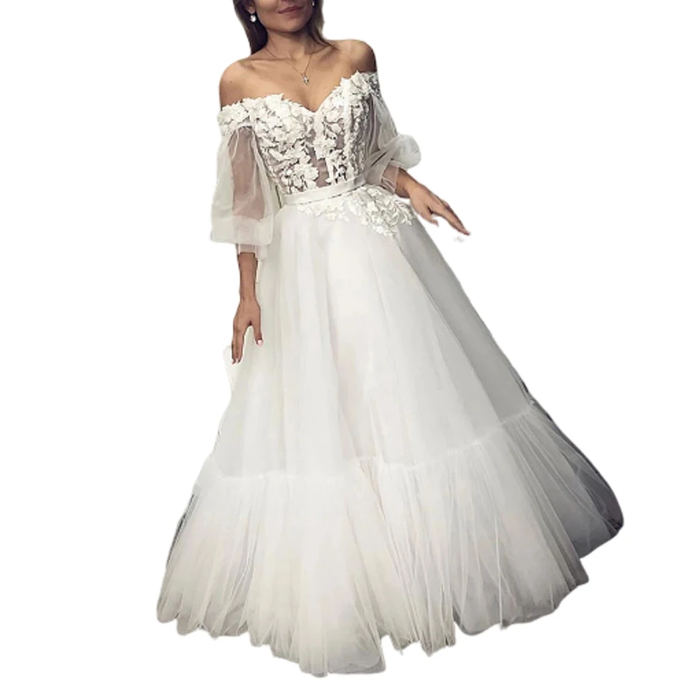 Прозрачное свадебное платье с длинным рукавом открытыми плечами корсет