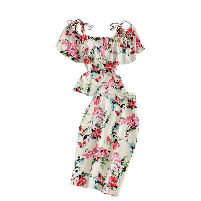 

Womne Long Sleeve Floral Printed Ruffled square neck print suspender top + Sexy Hip skirt Chic Elegant Two piece sets