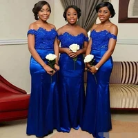 royal blue mermaid bridesmaid dresses off the shoulder floor length appliques country garden wedding guest gowns maid of honor