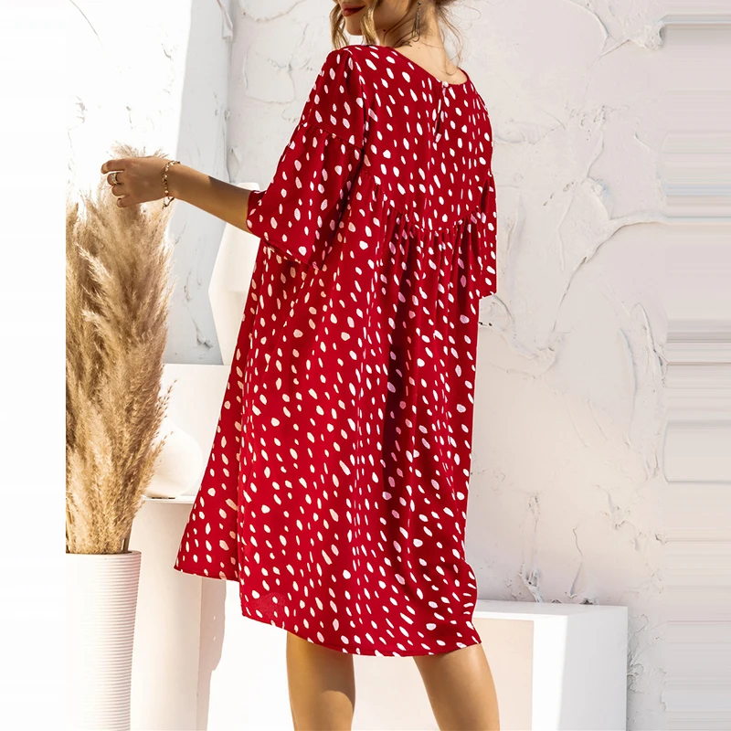 

2021 Fashion Spring Summer Women O Neck Pokal Dot Print Dress Casual Half Sleeves Loose Pocket Elegant Beach Pullover Mid Dress
