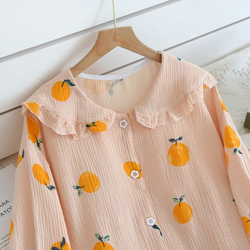 

Autumn Ladies Pyjamas Winter Kumquat Print Pajamas Set Cotton Crepe Sleepwear Femme Top+Full Length Pants Women Homewear Pijamas