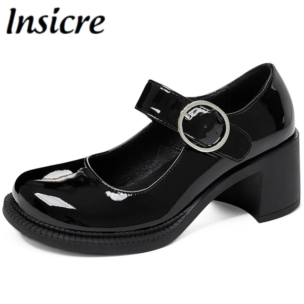 

Insicre 2021 новые черные женские туфли на толстом высоком каблуке модные туфли из лакированной кожи на платформе с круглым носком и ремешком с п...