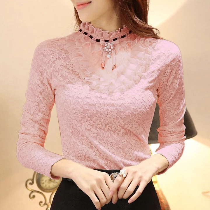 

Lace bottoming shirt 2020 autumn and winter women's Korean loose plus velvet thick long-sleeved T-shirt ladies warm clothes