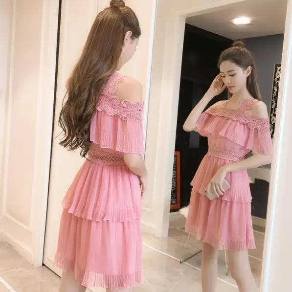 2020 летнее женское элегантное платье с вырезом лодочкой и оборками розовое