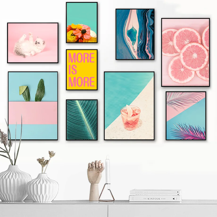 

Flower Grapefruit Cute Cat Leaf Wall Art Canvas Painting Nordic Posters And Prints Beautiful Wall Pictures For Living Room Decor