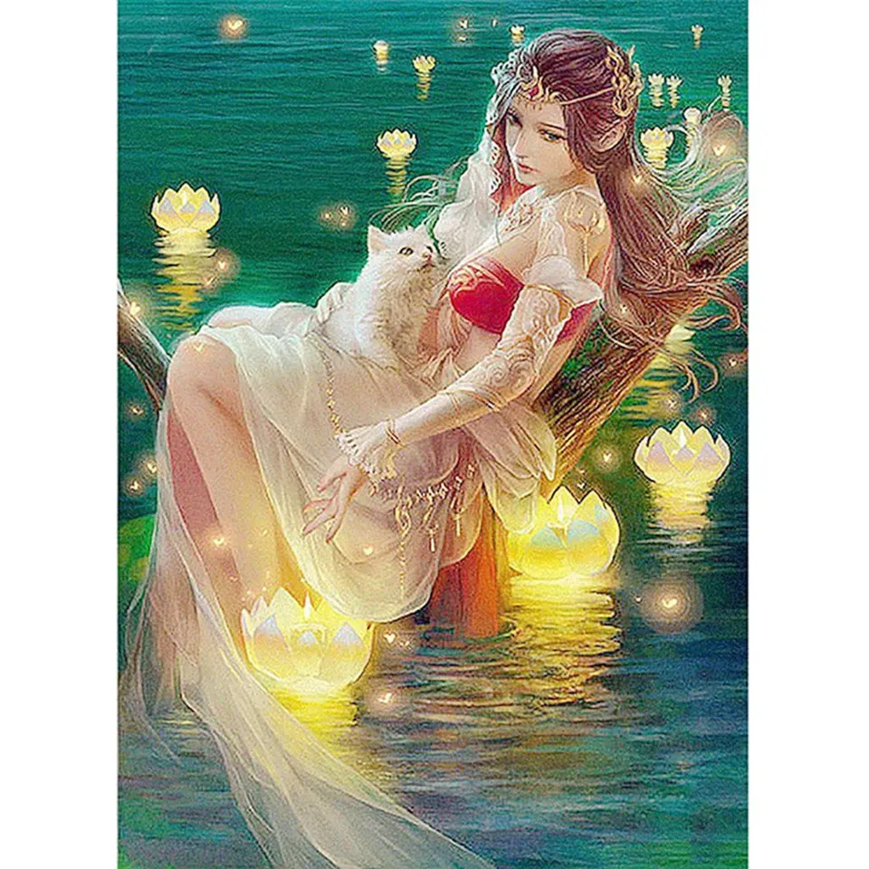 

5D DIY Diamond Painting Full Square Round Diamond "Woman with Cat" Portrait Mosaics Embroidered Home Decor Mural Handmade Gift