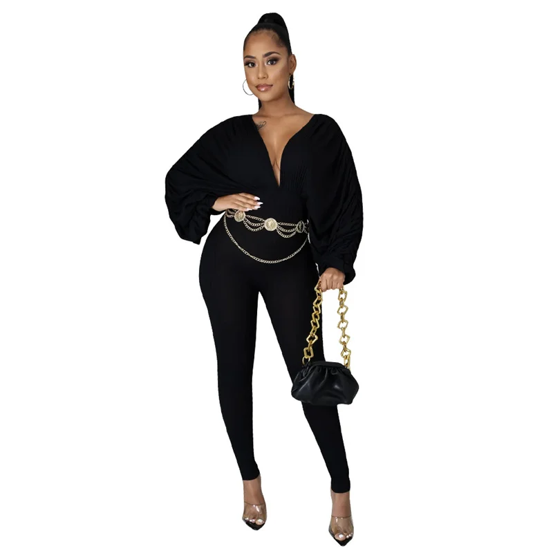 

Женский однотонный комбинезон с глубоким V-образным вырезом и высокой талией