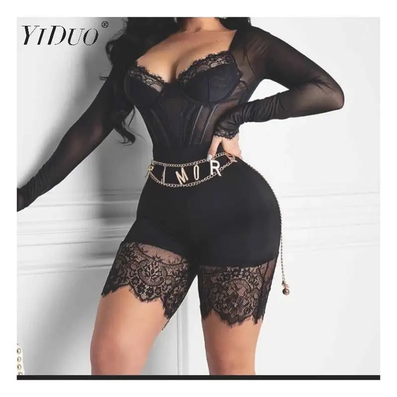 

YiDuo Sexy Lace Mesh Sheer Rompers Womens Jumpsuit Shorts Fashion One Piece Club Outfit Long Sleeve Bodycon Playsuit Black 2020