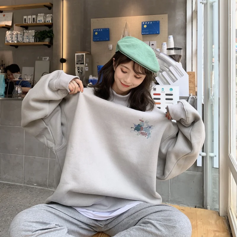 

Autumn Winter New Hoodies Women's Half High Neck Long-sleeved Printing Fashion Casual Loose Lazy Style Plus Velvet Pullovers Top