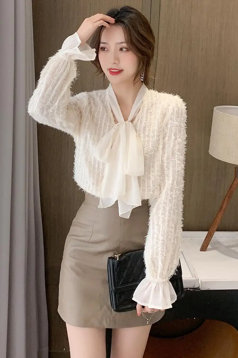 

New V-neck Long Sleeve Blouse Comfortable Fashion Shirt Summer Solid Color Bow Splicing Blouses Casual Chiffon