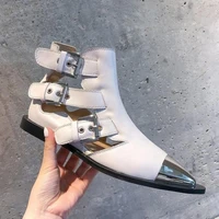 new brand short boots buckle strap pointed toe flats modern boots genuine leather punk shoes woman cool sandals booties mujer