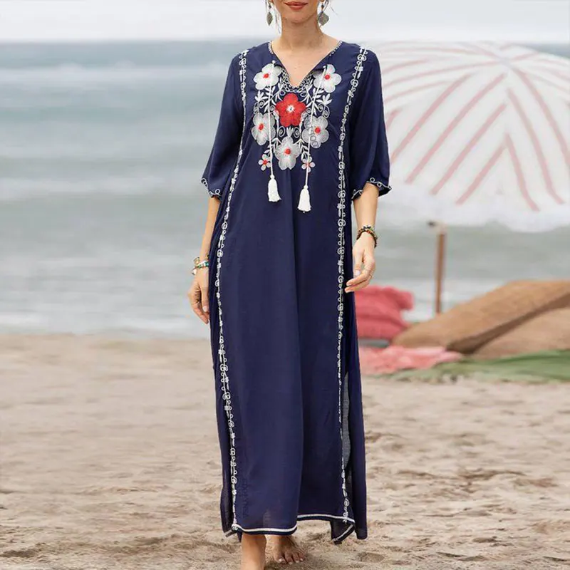 Хлопковая Пляжная накидка с вышивкой женская на бикини туники для пляжа парео