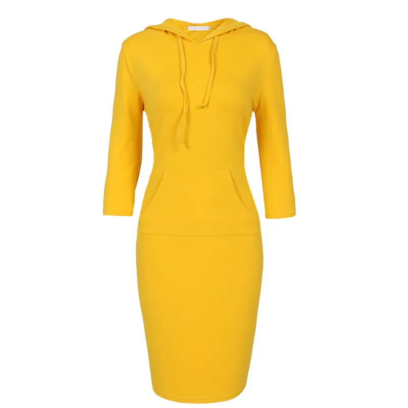 

Autumn Winter Warm Sweatshirt Long-sleeved Dress Woman Clothing Hooded Collar Pocket Simple Casual lady Dress Vesdies Sweatshirt
