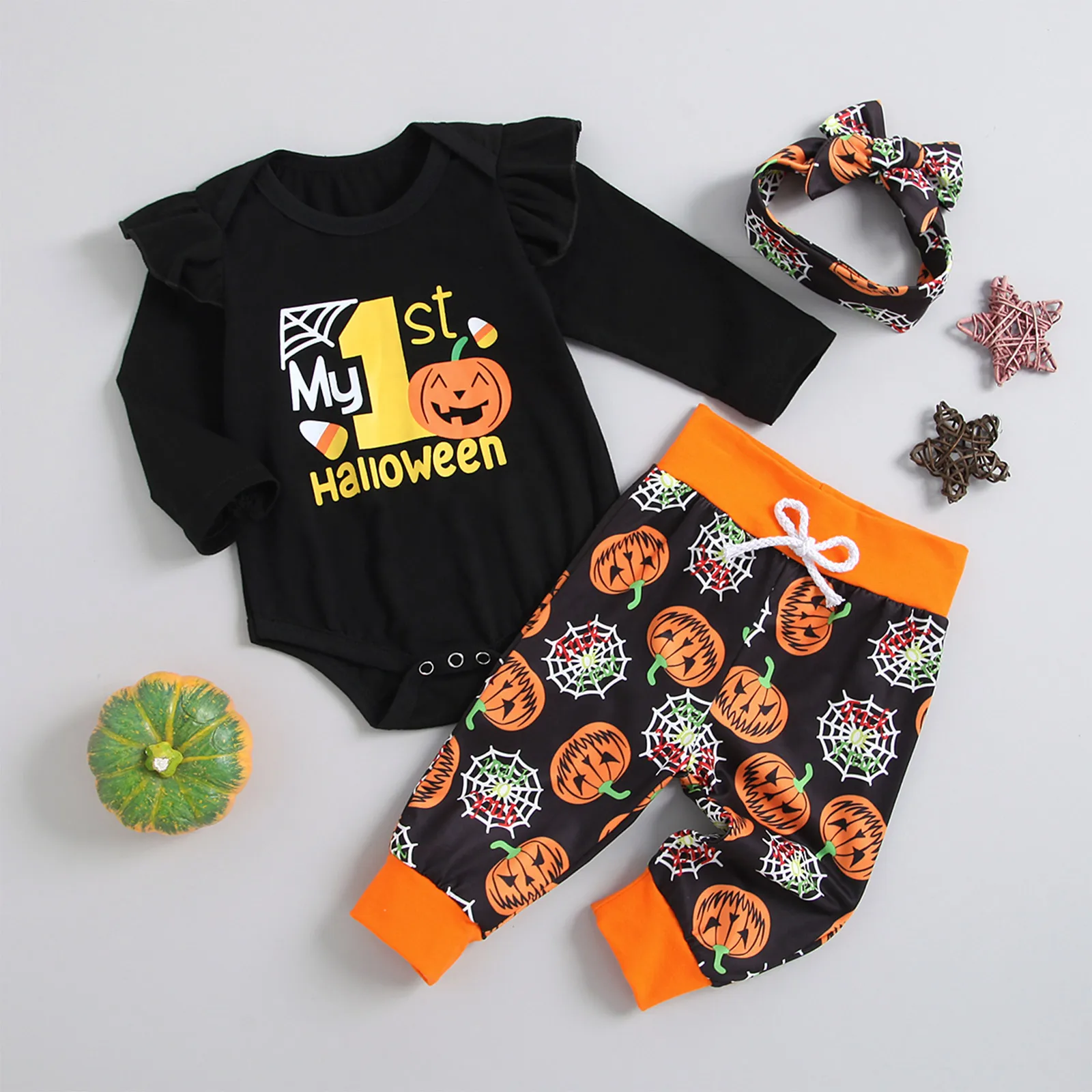 

Emmababy для маленьких девочек, черный комбинезон с длинным рукавом, брюки с принтом и головной убор 0-12 м