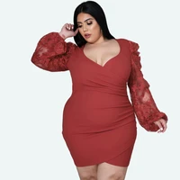 2021new plus size womens mini dress v neck lace floral mesh see through long sleeved tight sexy party dreweddingdress4xl5xl
