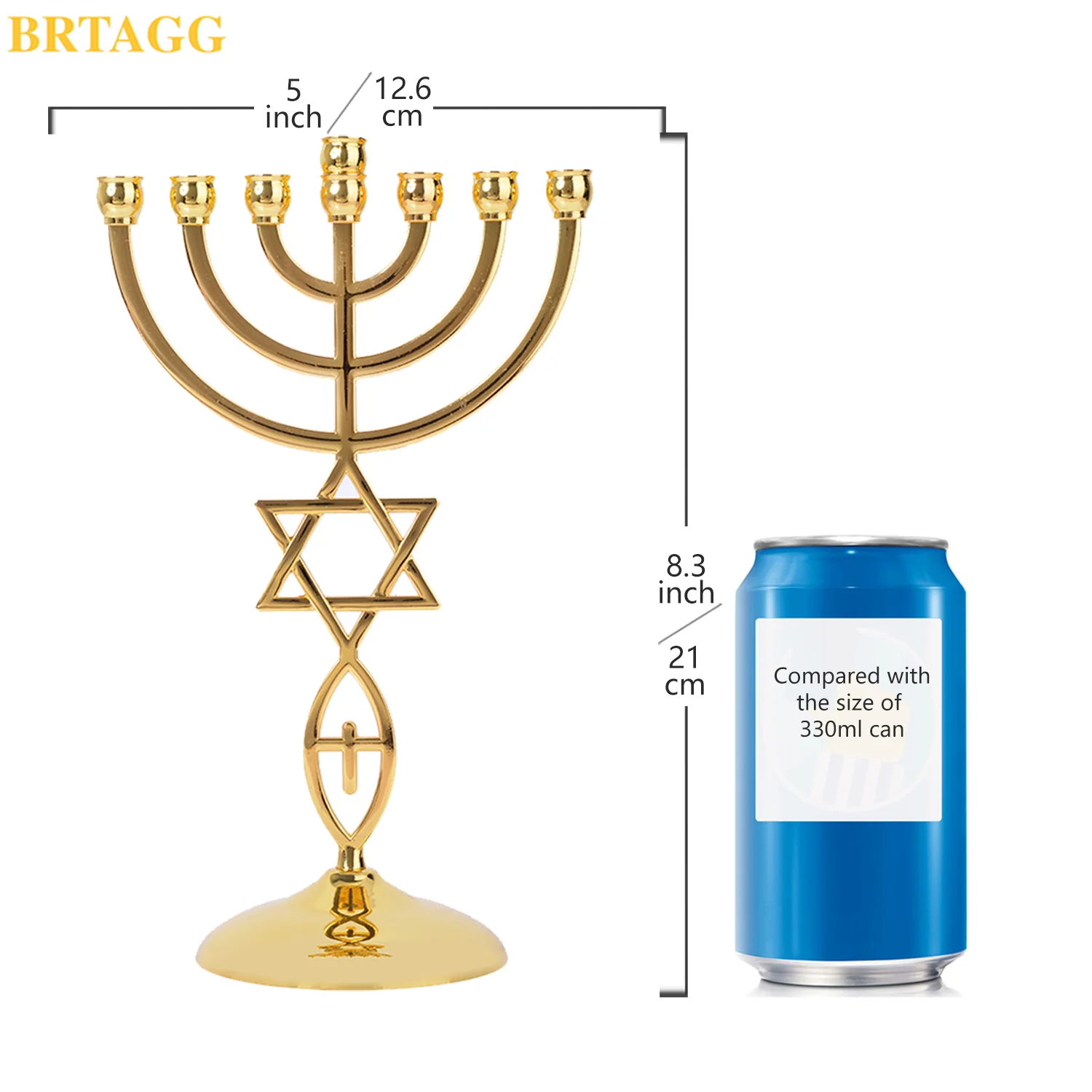 BRTAGG Menorah (Menor&aacute;) con Estrella de David, candelabro jud&iacute;o, 7 brazos, altura 21 cm, dorado-1