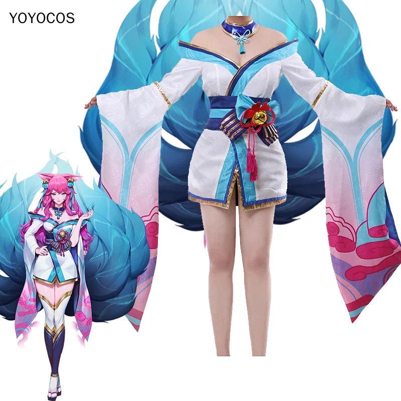 

YOYOCOS LOL Ahri Cosplay Costume Spirit Blossom The Nine-Tailed Fox Ahri Kinomo Dress Halloween Woman Dress Game Uniform