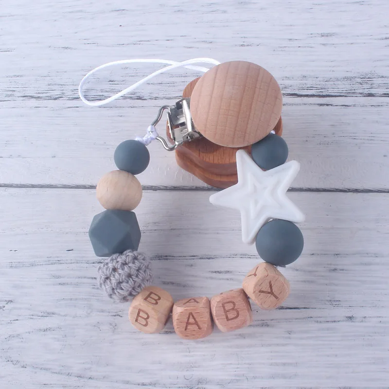 

Personalized Name Handmade Silicone Baby Wooden Dummy Pacifier clip Teething Chain Teether Pacifier chains Holder pour bébés