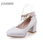 Туфли-лодочки женские на платформе, Классические свадебные туфли на квадратном каблуке, со стразами, удобная обувь для невесты, цвет белыйчерный