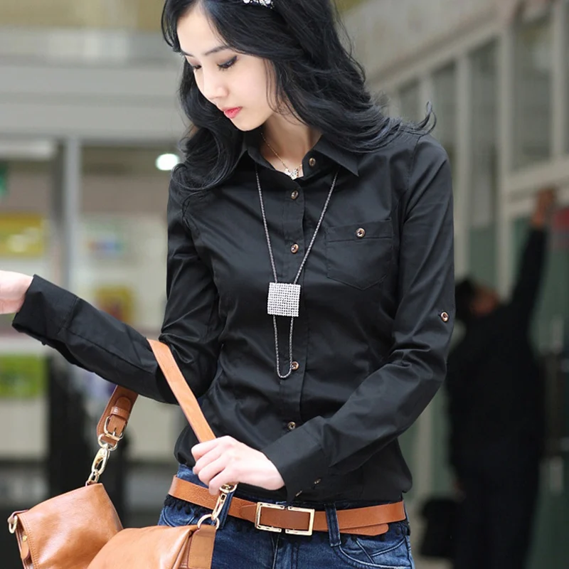 

Fashion White Blouse Women Work Wear Shirt Tops Long Sleeve Casual Turn-down Collar Office Lady Blouses