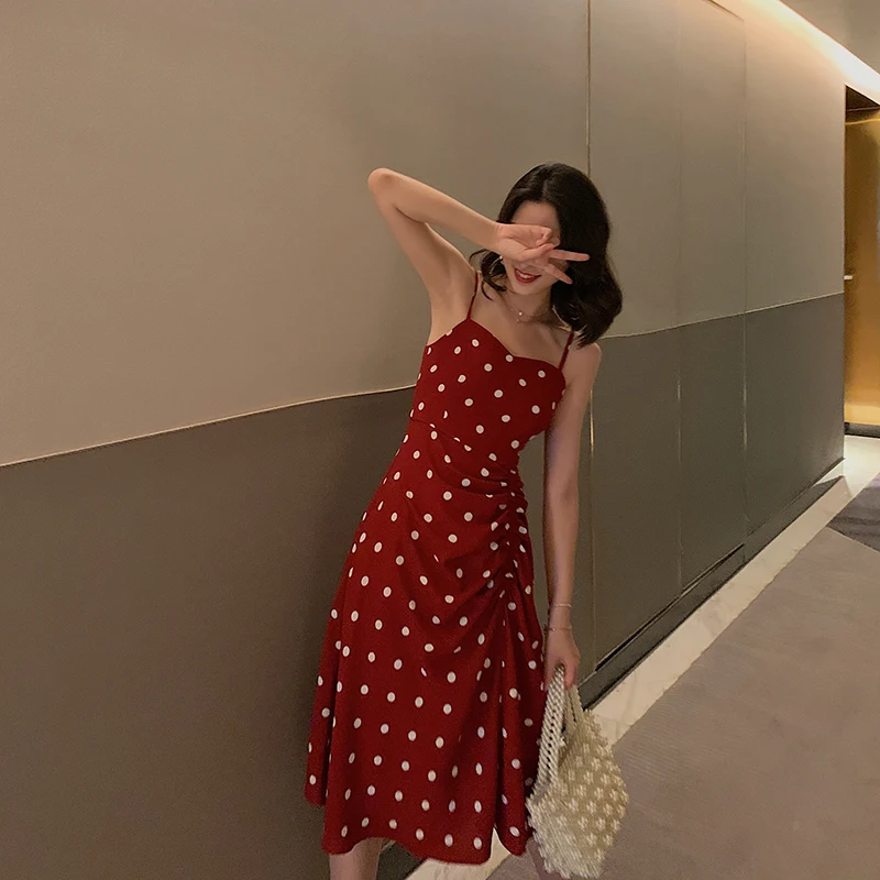 

2019Summer Vintage Floral Red Polka Dot Print Dress Fold Irregular Strap A-line Dresses Boho Holiday Beach Sundress Vestidos