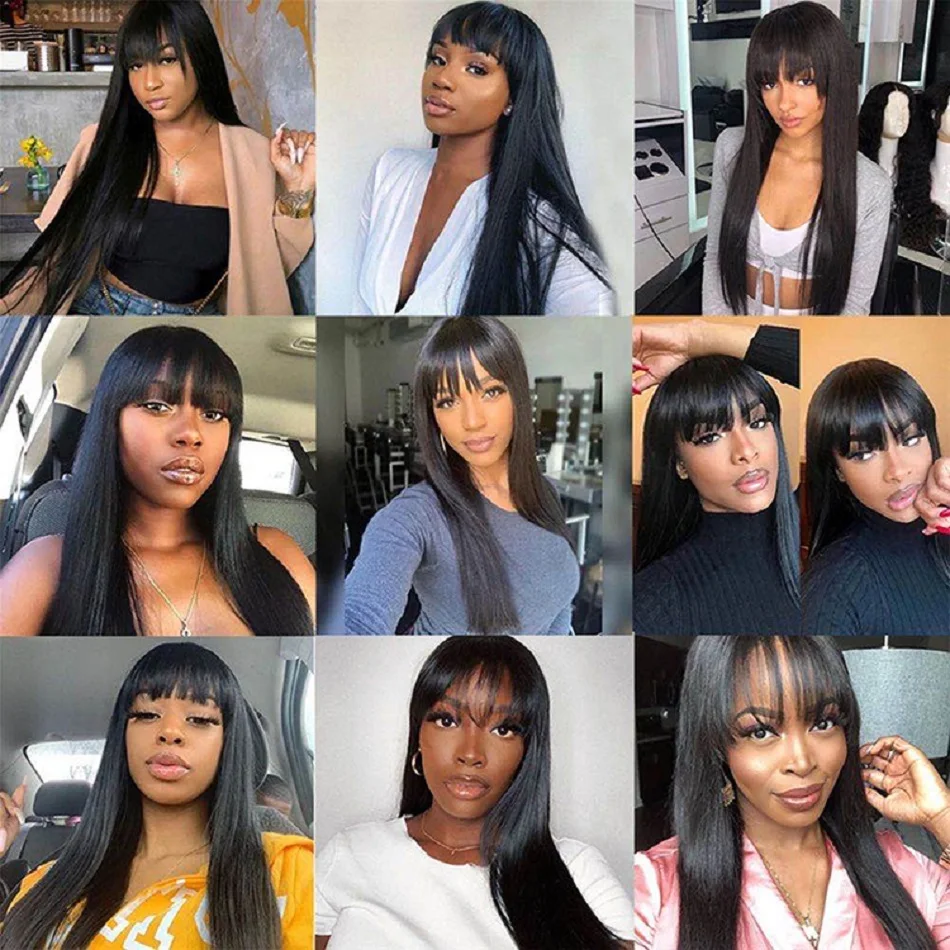 

8-30 Inches Bralizian Human Hair Wigs No Lace Straight Full Machine Made Natural Black Fringe Wigs With Bangs Remy Women Hair