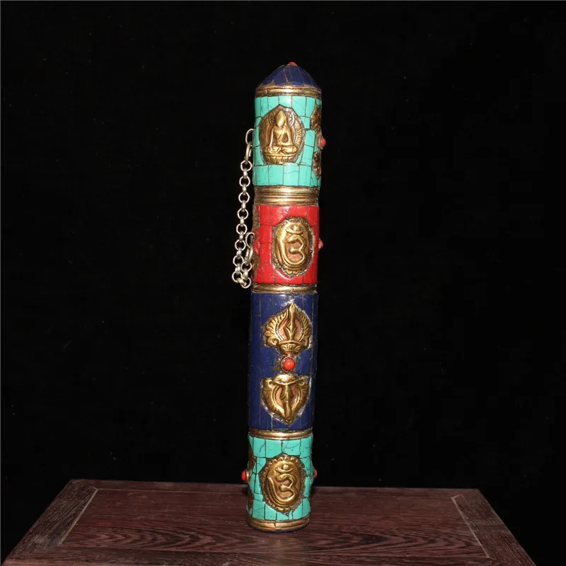 

Chinese Old Beijing Old Goods Collection Nepal Return Copper Inlaid Turquoise Coral Green Gold Incense Tube 2 orders