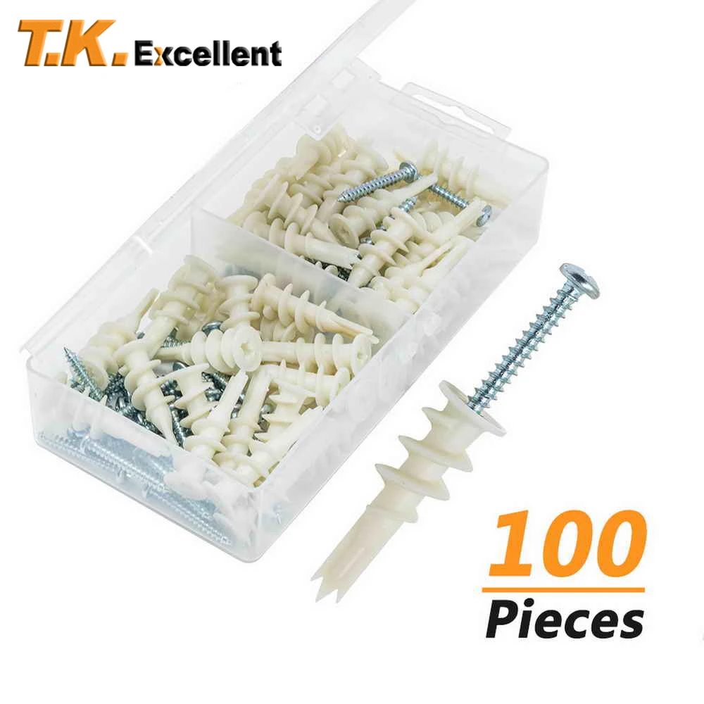 

100pcs Plastic Expansion Drywall Anchor Kit with Screws Self Drilling Wall Home Pierced for Gypsum Board Fiberboard