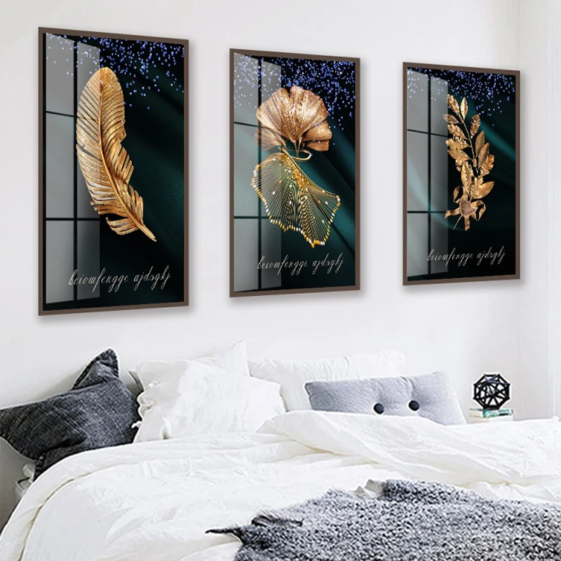 Canvsa постер абстрактный рисунок золотые растения листья перо лист картина