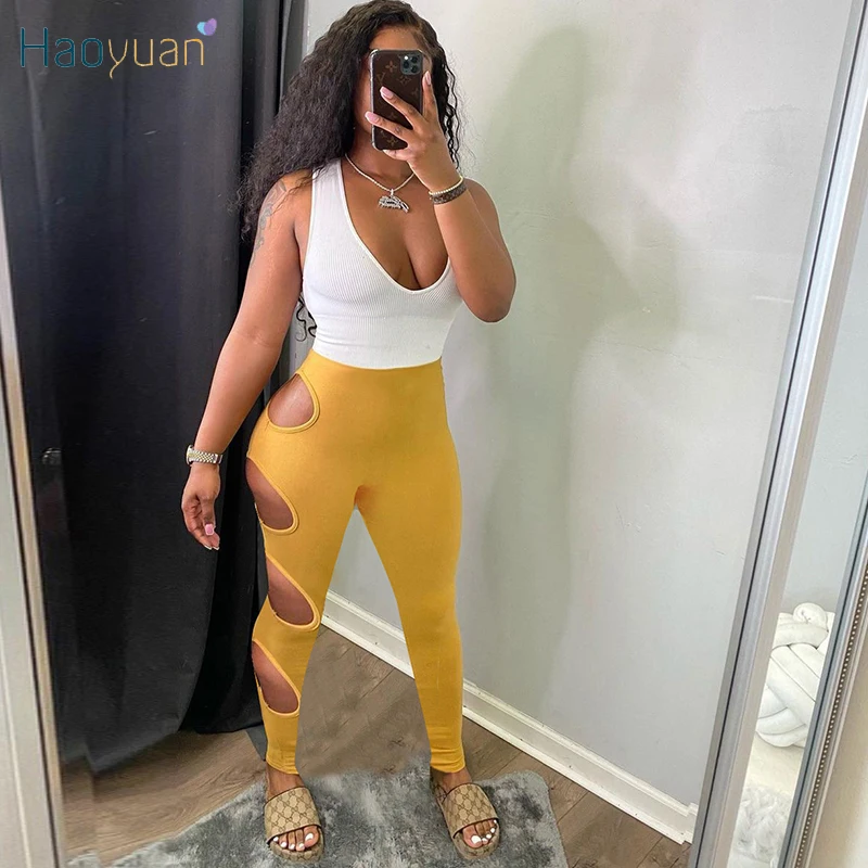 

HAOYUAN Knitted Patchwork Bodycon Jumpsuit Sexy Hollow Out Sleeveless Rompers for Women Summer Fashion One Piece Club Outfits