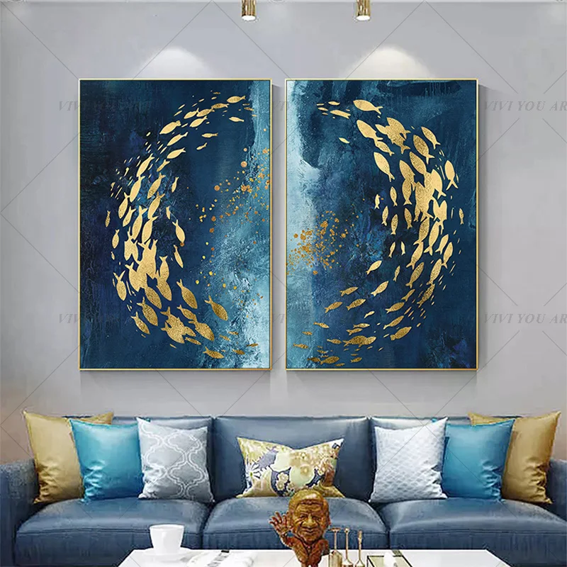 

100% Hand Painted Blue Gold Leaf Modern Abstract Oil Painting Handmade Fishes Paintings Home Decor For Living Room As Best Gift